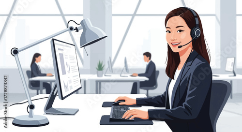 Smiling customer service representative with headset in a call center