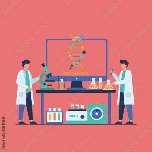 Two scientists work in a laboratory, studying the pet genome displayed on a computer screen, surrounded by scientific equipment.