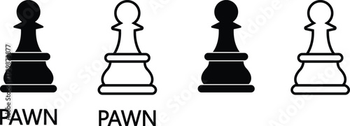 Chess piece icon set pawn symbols in black silhouette and line outline vector design, strategy game elements isolated on background