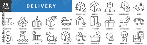 Delivery icon set. Containing delivery box, destroy, tracking, fast delivery, quick, insurance, container and more. Outline vector icons collection