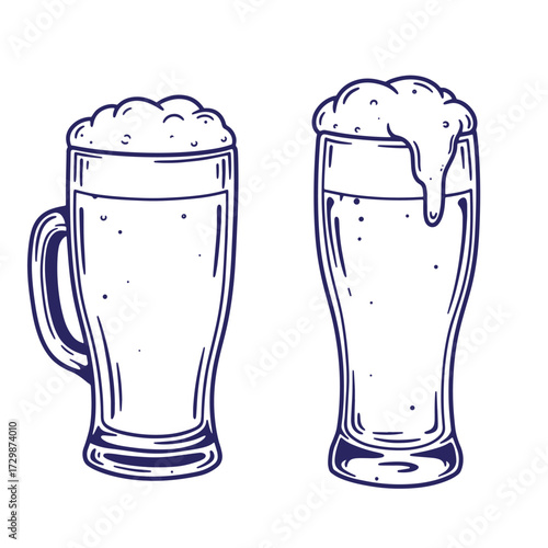 Hand drawn illustration of two beer glasses with frothy foam for brewery concepts