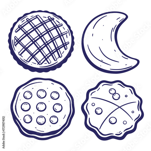 Hand drawn illustration of pizza, pie and other baked pastries for culinary or dessert concepts