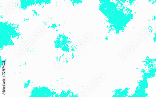 Abstract cyan and white grunge texture background with splattered paint effect. Bright aqua tones scattered across a clean white surface. Rough textured areas resemble ink blots, watercolor stains