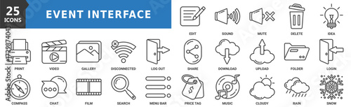 User interface icon set. Containing edit, sound, mute, delete, idea, print, video, gallery and more. Outline vector icons collection