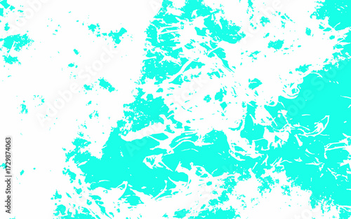 Abstract cyan and white grunge texture background with splattered paint effect. Bright aqua tones scattered across a clean white surface. Rough textured areas resemble ink blots, watercolor stains