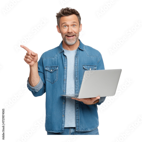 Enthusiastic man pointing at laptop screen in office setting engaging presentation, isolated on transparent background
