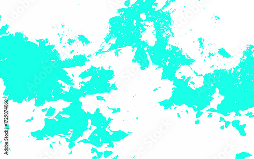 Abstract cyan and white grunge texture background with splattered paint effect. Bright aqua tones scattered across a clean white surface. Rough textured areas resemble ink blots, watercolor stains
