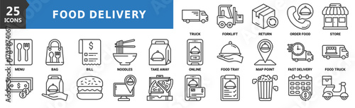Food delivery icon set. Containing truck, forklift, return, order food, store, online, food tray, map point and more. Outline vector icons collection