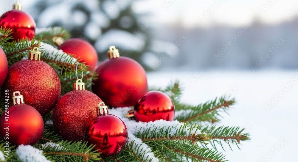 Fototapeta premium Elegant red Christmas ornaments sparkling on snowy evergreen branches create a festive holiday feeling