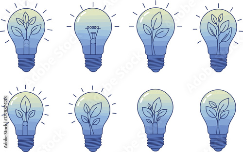 Blue eco light bulbs with leaves, clean renewable energy, sustainable power innovation, green electricity concept, vector illustration