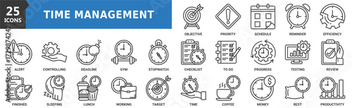 Time management icon set. Containing objective, priority, schedule, reminder, efficiency, alert, deadline, gym and more. Outline vector icons collection