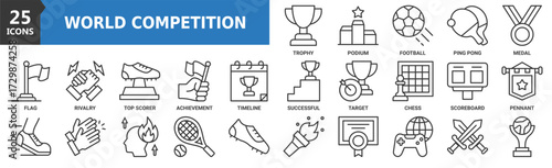 World Competition icon set. Containing Trophy, Podium, Football, Ping Pong, Medal, Successful, Target and more. Outline vector icons collection