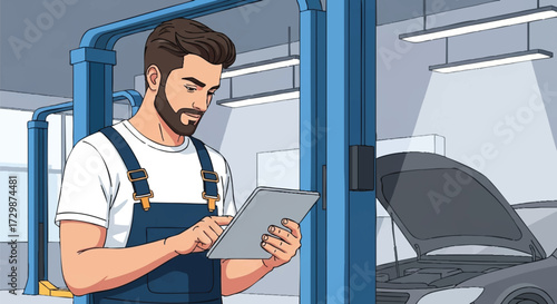 Mechanic Using Tablet in Auto Repair Shop