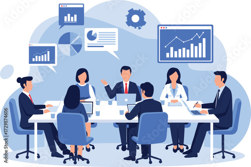 Business meeting with professionals, corporate teamwork, office collaboration, data strategy discussion, leadership management, vector illustration