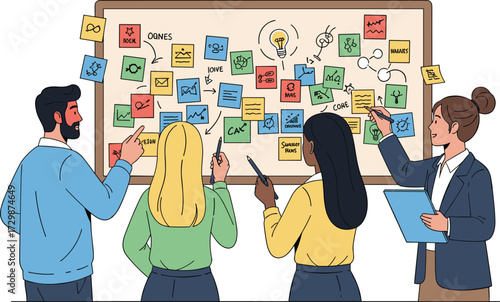 Business team brainstorming session, strategy planning with sticky notes on board, creative teamwork meeting, vector illustration