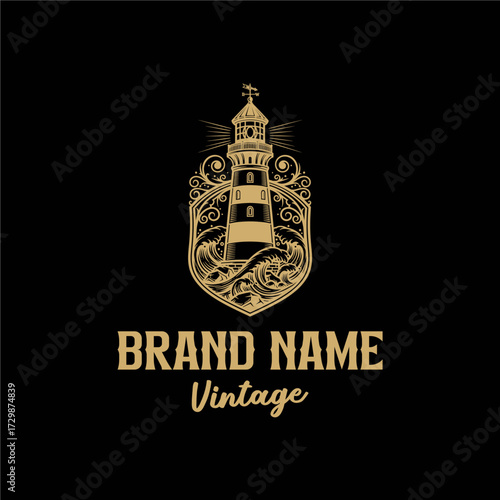 Vintage gold lighthouse logo design with ornate waves on a black background, featuring a classic nautical emblem for branding purposes.