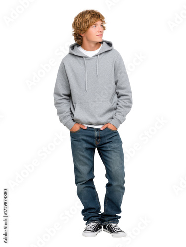 Chill urban portrait of casual young adult leaning against an invisible wall, isolated on transparent background