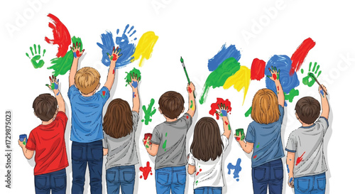 Children painting a wall with colorful handprints and brush strokes