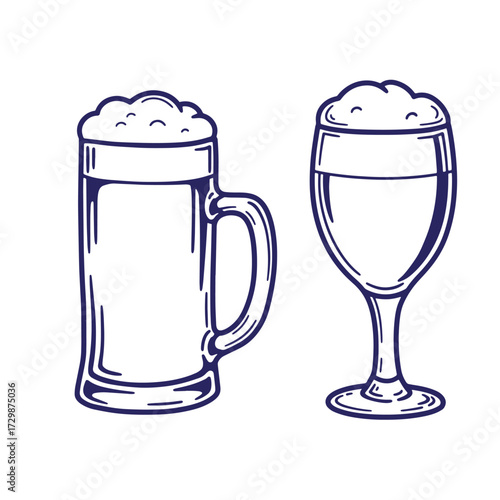 Line art illustration of a pint beer mug and a stemmed beer glass with frothy foam