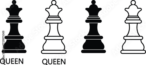 Chess piece icon set queen symbols in black silhouette and line outline vector design, strategy game elements isolated on background