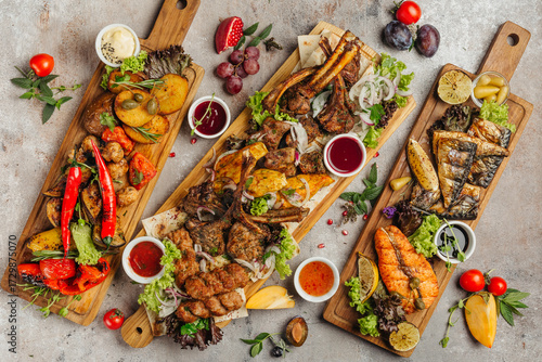 Fototapeta Naklejka Na Ścianę i Meble -  Caucasian barbecue table with grilled vegetables and spices