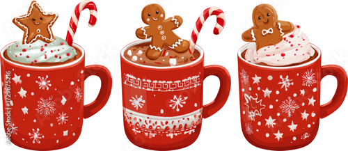 Festive red mugs of hot chocolate with gingerbread cookie and candy cane