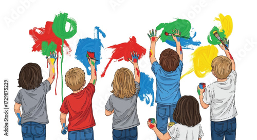 Creative kids painting a colorful messy masterpiece together