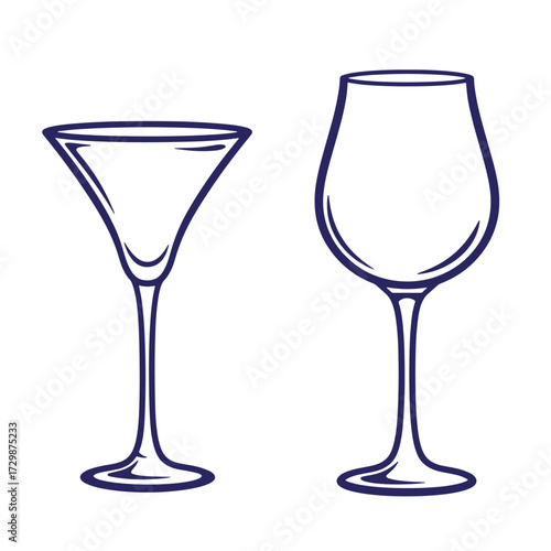 Minimalist vector illustration of martini and wine glasses for cocktails and beverages