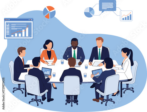 Corporate business meeting, office teamwork discussion, leadership planning, conference table collaboration, strategy report presentation, vector illustration