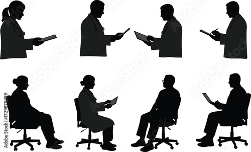 Doctor and patient consultation silhouettes, medical checkup, healthcare professionals with stethoscope and clipboard, vector illustration