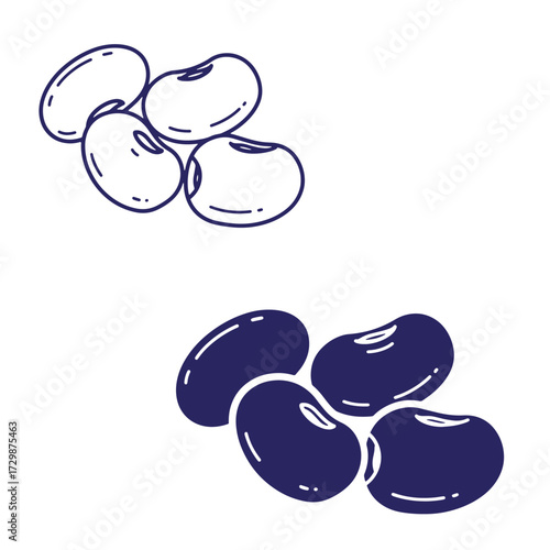 Outline and filled soybean illustrations isolated on white background with healthy food concept