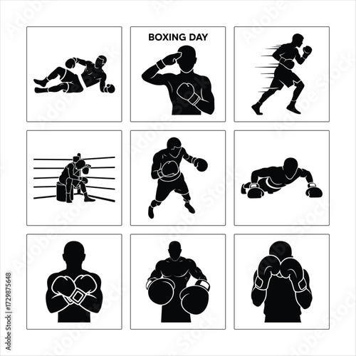 Vector Illustration Grid Of Boxer Silhouettes Featuring Various Actions During Training And Recovery