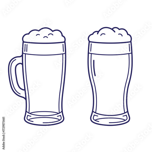 Simple hand drawn outlines of two beer glasses with white foam for various designs