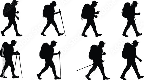 Hiking man silhouettes with backpacks and trekking poles, outdoor walking poses, mountain adventure travel and camping vector illustration