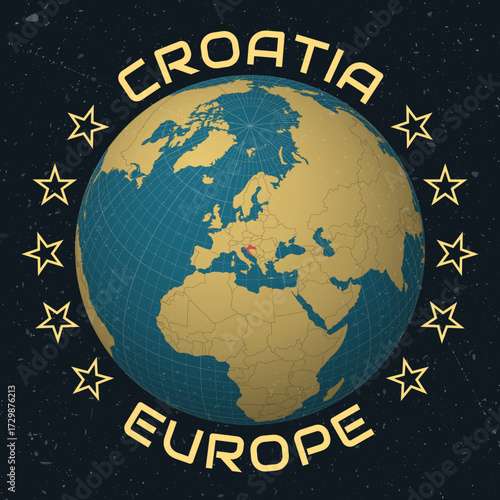 Croatia on Globe. Country name round text. Vintage look with grunge scratched texture. Country view on world map in Sky Blue Light Yellow color palette. Croatia shape on map.