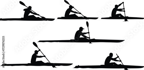 Kayak and canoe silhouettes, athletes paddling on water, adventure sport and outdoor activity, vector illustration