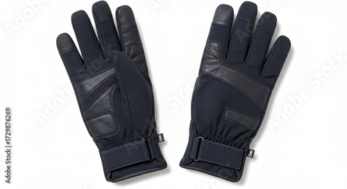 高品質な素材と洗練された濃紺のカラーが魅力の防寒グローブが白い背景にきれいに並べられています冬の厳しい寒さから手をしっかり守りながらスマートフォン操作もスムーズにできる多機能性が特徴ですアウトドア活動や通勤通学に最適. AI Generated