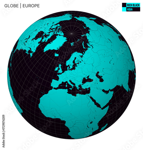Vector Globe centered to Europe. Rich Black Aqua palette. World map with meridians, parallels, countries, rivers and lakes. Stylish vector illustration.