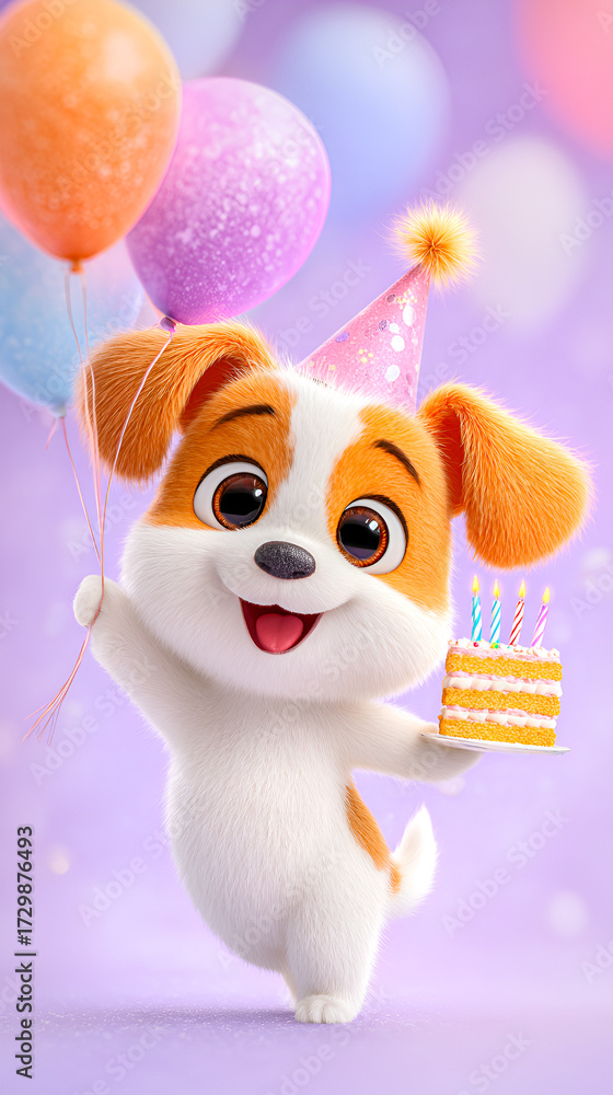 Fototapeta premium Cute cheerful and funny cartoon puppy in party hat holding cake with lit candles and colorful balloons. Happy dog holds cake with burning candles and smiles. Colorful children's birthday card