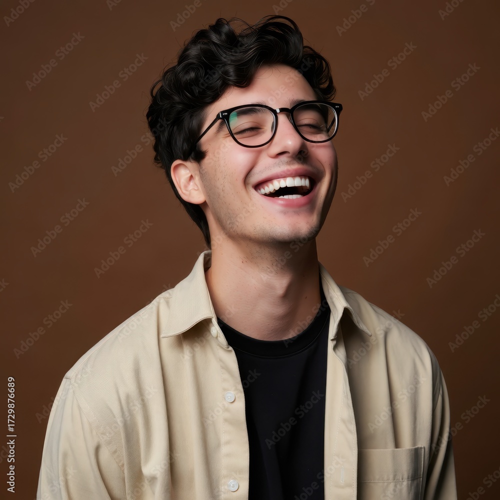 Obraz premium Joyful young man laughing against a brown background portrait photography indoor close-up happiness