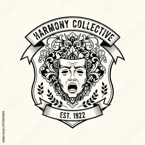 A vintage black and white illustration of a theatrical mask with an open mouth, surrounded by ornate floral designs and a banner reading "HARMONY COLLECTIVE EST. 1922".