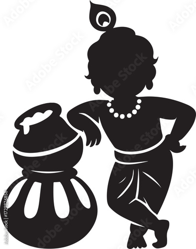 Bal Krishna Silhouette Icon Black Vector of Lord Krishna Makhan Chor with Butter Pot for Janmashtami Hinduism Festival and Spiritual Branding Design