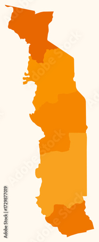 Map of Togo with regions. Just a simple country border map with region division. Orange color palette. Plain Togolese Republic shape with administrative division. Vector illustration.