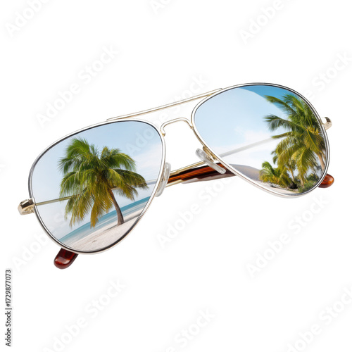 Summer vacation aviator sunglasses & reflective tropical landscapes, isolated on transparent background