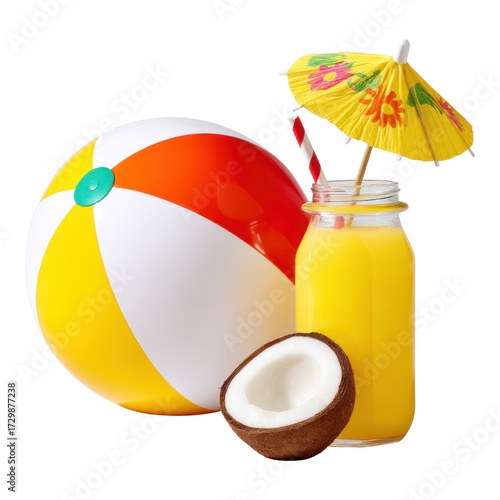 Celebrate summer vibes beach ball and coconut drink at a sunny party scene, isolated on transparent background