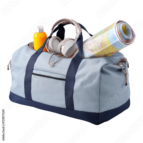 Grab your summer adventure last-minute travel bag essentials for sunny escapes, isolated on transparent background