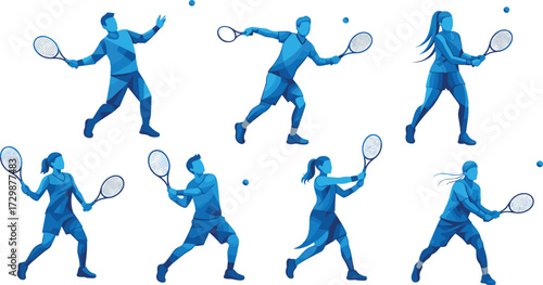Tennis athletes in polygonal blue gradient silhouettes, male and female players with rackets and balls, vector illustration