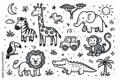 Hand-drawn african safari animals with trees and suv in black and white doodle art