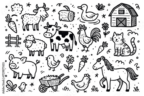 Charming farm animals and barnyard icons doodle art