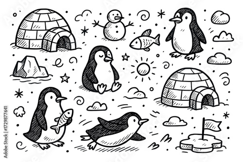 Cute penguin doodle art with igloos and fish in winter scene
